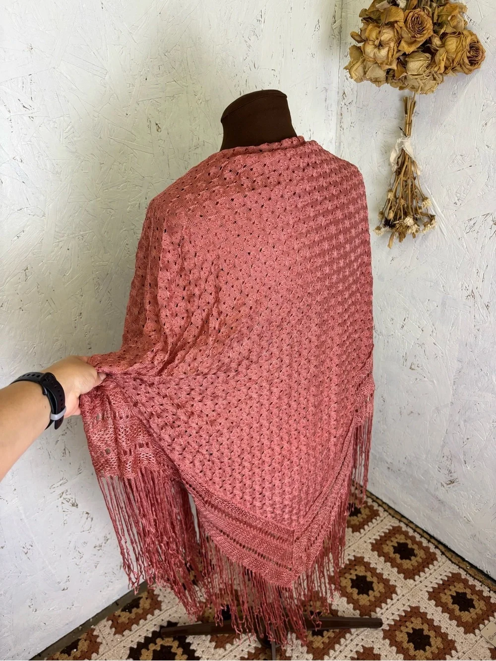 HUGE knit Fringe Festival Style Shawl Wrap Pink Coverup